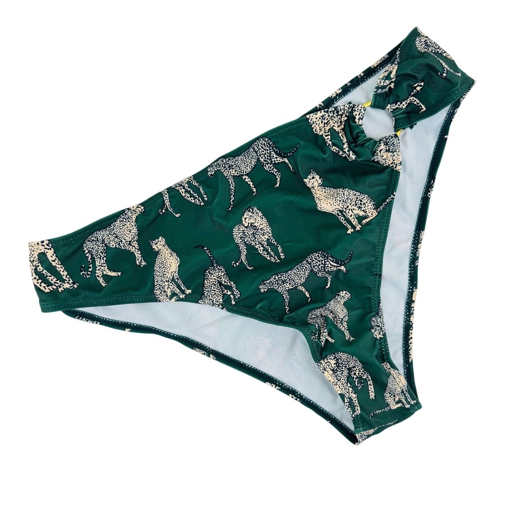 Green Cheetah Print High Waisted Bikini Bottoms Gold Ring Detail XL Animal Swim
